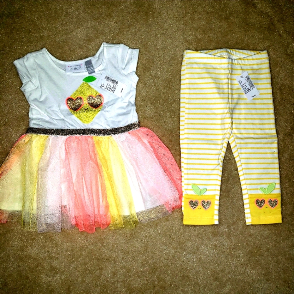 NWT Sz 12-18 Months TCP lemon tutu Dress & Striped Leggings outfit baby girls